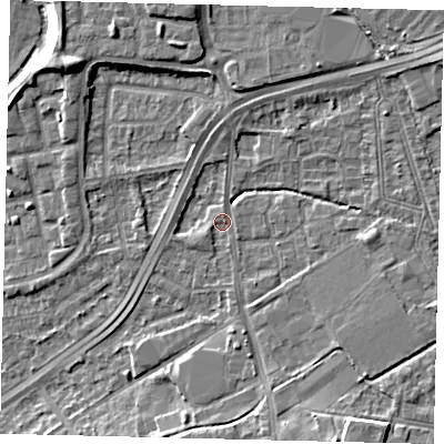 Shaded relief map of the ground around NW108HA, computed from Environment Agency LiDAR. The ground here sits at about 29 m above sea level and falls 9 m across the surrounding 800 m. Surface water reaching this point runs off ground lying to the south-east, 6.4 m higher.