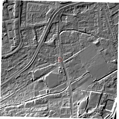Shaded relief map of the ground around NW108HB, computed from Environment Agency LiDAR. The ground here sits at about 30 m above sea level and falls 11 m across the surrounding 800 m. Surface water reaching this point runs off ground lying to the south-south-east, 7.5 m higher.