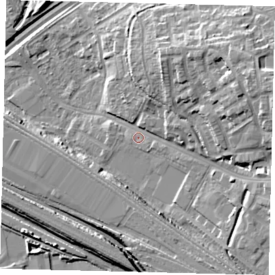 Shaded relief map of the ground around NW108LE, computed from Environment Agency LiDAR. The ground here sits at about 27 m above sea level and falls 21 m across the surrounding 800 m. Surface water reaching this point runs off ground lying to the east-north-east, 12.9 m higher.