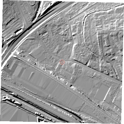 Shaded relief map of the ground around NW108LF, computed from Environment Agency LiDAR. The ground here sits at about 25 m above sea level and falls 18 m across the surrounding 800 m. Surface water reaching this point runs off ground lying to the south-east, 8.9 m higher.