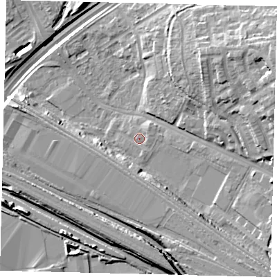 Shaded relief map of the ground around NW108LG, computed from Environment Agency LiDAR. The ground here sits at about 26 m above sea level and falls 20 m across the surrounding 800 m. Surface water reaching this point runs off ground lying to the east-north-east, 1.4 m higher.