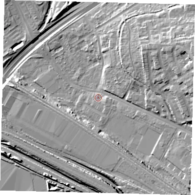 Shaded relief map of the ground around NW108LL, computed from Environment Agency LiDAR. The ground here sits at about 26 m above sea level and falls 20 m across the surrounding 800 m. Surface water reaching this point runs off ground lying to the east-south-east, 4.2 m higher.