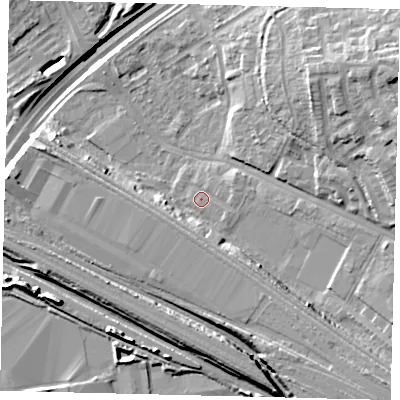 Shaded relief map of the ground around NW108LQ, computed from Environment Agency LiDAR. The ground here sits at about 26 m above sea level and falls 19 m across the surrounding 800 m. Surface water reaching this point runs off ground lying to the south-east, 9.3 m higher.