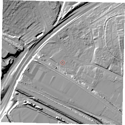 Shaded relief map of the ground around NW108LS, computed from Environment Agency LiDAR. The ground here sits at about 25 m above sea level and falls 17 m across the surrounding 800 m. Surface water reaching this point runs off ground lying to the south, 6.9 m higher.