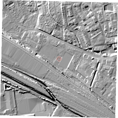 Shaded relief map of the ground around NW108LW, computed from Environment Agency LiDAR. The ground here sits at about 27 m above sea level and falls 16 m across the surrounding 800 m. Surface water reaching this point runs off ground lying to the east-north-east, 2.7 m higher.
