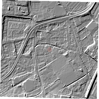 Shaded relief map of the ground around NW108PA, computed from Environment Agency LiDAR. The ground here sits at about 30 m above sea level and falls 10 m across the surrounding 800 m. Surface water reaching this point runs off ground lying to the south-east, 0.8 m higher.
