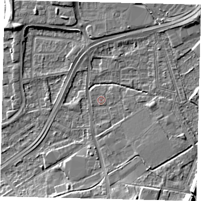 Shaded relief map of the ground around NW108PB, computed from Environment Agency LiDAR. The ground here sits at about 29 m above sea level and falls 10 m across the surrounding 800 m. Surface water reaching this point runs off ground lying to the south-south-east, 6.1 m higher.