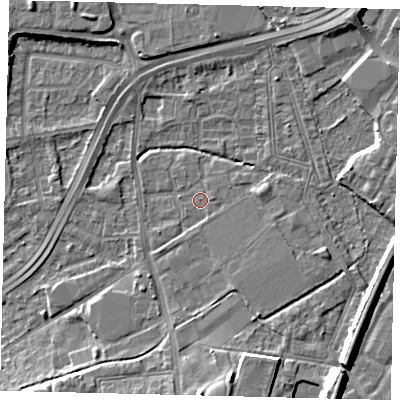 Shaded relief map of the ground around NW108PD, computed from Environment Agency LiDAR. The ground here sits at about 30 m above sea level and falls 9 m across the surrounding 800 m. Surface water reaching this point runs off ground lying to the south-east, 1.5 m higher.