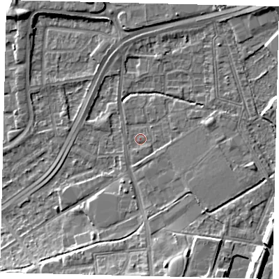 Shaded relief map of the ground around NW108PE, computed from Environment Agency LiDAR. The ground here sits at about 29 m above sea level and falls 9 m across the surrounding 800 m. Surface water reaching this point runs off ground lying to the south-south-east, 6.1 m higher.