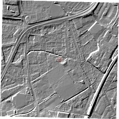 Shaded relief map of the ground around NW108PF, computed from Environment Agency LiDAR. The ground here sits at about 30 m above sea level and falls 8 m across the surrounding 800 m. Surface water reaching this point runs off ground lying to the south-east, 3.0 m higher.