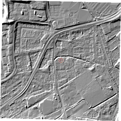 Shaded relief map of the ground around NW108PG, computed from Environment Agency LiDAR. The ground here sits at about 29 m above sea level and falls 10 m across the surrounding 800 m. Surface water reaching this point runs off ground lying to the north-east, 5.1 m higher.