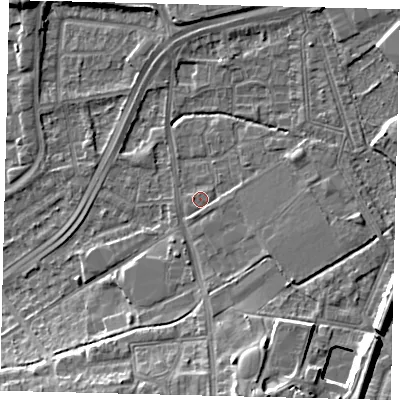 Shaded relief map of the ground around NW108PH, computed from Environment Agency LiDAR. The ground here sits at about 30 m above sea level and falls 11 m across the surrounding 800 m. Surface water reaching this point runs off ground lying to the east, 1.0 m higher.