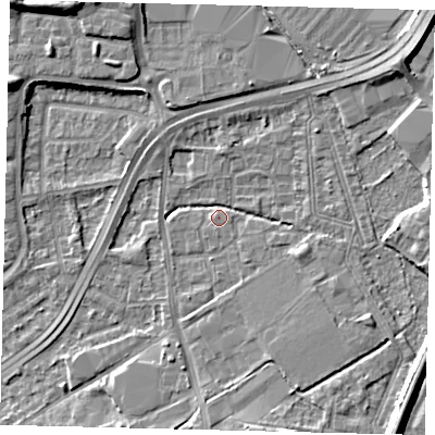 Shaded relief map of the ground around NW108PQ, computed from Environment Agency LiDAR. The ground here sits at about 30 m above sea level and falls 10 m across the surrounding 800 m. Surface water reaching this point runs off ground lying to the north-east, 7.3 m higher.