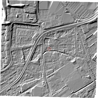 Shaded relief map of the ground around NW108TF, computed from Environment Agency LiDAR. The ground here sits at about 29 m above sea level and falls 10 m across the surrounding 800 m. Surface water reaching this point runs off ground lying to the east-north-east, 5.5 m higher.