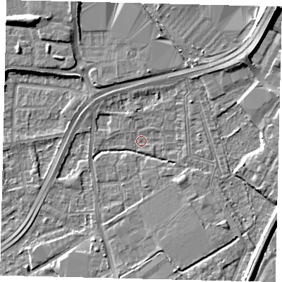 Shaded relief map of the ground around NW108TG, computed from Environment Agency LiDAR. The ground here sits at about 30 m above sea level and falls 12 m across the surrounding 800 m. Surface water reaching this point runs off ground lying to the north-east, 6.4 m higher.