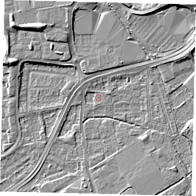 Shaded relief map of the ground around NW108TL, computed from Environment Agency LiDAR. The ground here sits at about 30 m above sea level and falls 12 m across the surrounding 800 m. Surface water reaching this point runs off ground lying to the north, 1.8 m higher.