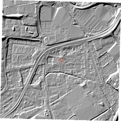 Shaded relief map of the ground around NW108TN, computed from Environment Agency LiDAR. The ground here sits at about 30 m above sea level and falls 12 m across the surrounding 800 m. Surface water reaching this point runs off ground lying to the north-north-east, 1.0 m higher.
