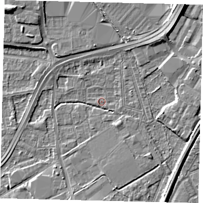 Shaded relief map of the ground around NW108TQ, computed from Environment Agency LiDAR. The ground here sits at about 30 m above sea level and falls 11 m across the surrounding 800 m. Surface water reaching this point runs off ground lying to the north-east, 8.1 m higher.