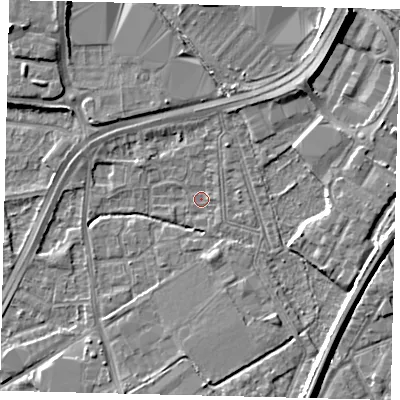 Shaded relief map of the ground around NW108TZ, computed from Environment Agency LiDAR. The ground here sits at about 30 m above sea level and falls 11 m across the surrounding 800 m. Surface water reaching this point runs off ground lying to the north-east, 9.1 m higher.