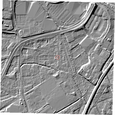 Shaded relief map of the ground around NW109BY, computed from Environment Agency LiDAR. The ground here sits at about 30 m above sea level and falls 11 m across the surrounding 800 m. Surface water reaching this point runs off ground lying to the north-east, 6.0 m higher.