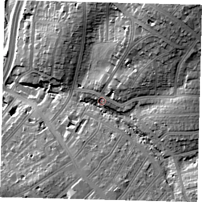 Shaded relief map of the ground around NW110JN, computed from Environment Agency LiDAR. The ground here sits at about 51 m above sea level and falls 33 m across the surrounding 800 m. Surface water reaching this point runs off ground lying to the north-east, 28.0 m higher.