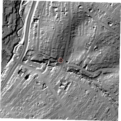 Shaded relief map of the ground around NW110JR, computed from Environment Agency LiDAR. The ground here sits at about 50 m above sea level and falls 33 m across the surrounding 800 m. Surface water reaching this point runs off ground lying to the north, 13.8 m higher.
