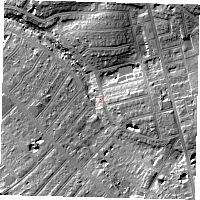 Shaded relief map of the ground around NW110RH, computed from Environment Agency LiDAR. The ground here sits at about 56 m above sea level and falls 24 m across the surrounding 800 m. Surface water reaching this point runs off ground lying to the south-east, 13.3 m higher.