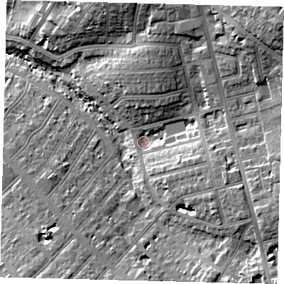Shaded relief map of the ground around NW110RN, computed from Environment Agency LiDAR. The ground here sits at about 55 m above sea level and falls 26 m across the surrounding 800 m. Surface water reaching this point runs off ground lying to the east-south-east, 9.2 m higher.