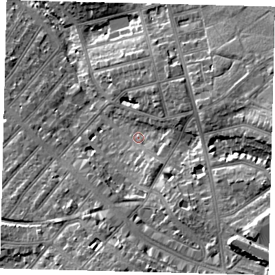 Shaded relief map of the ground around NW110RR, computed from Environment Agency LiDAR. The ground here sits at about 59 m above sea level and falls 25 m across the surrounding 800 m. Surface water reaching this point runs off ground lying to the south-east, 15.5 m higher.