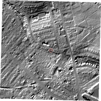 Shaded relief map of the ground around NW110RT, computed from Environment Agency LiDAR. The ground here sits at about 60 m above sea level and falls 26 m across the surrounding 800 m. Surface water reaching this point runs off ground lying to the south-east, 15.3 m higher.
