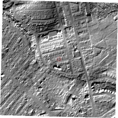 Shaded relief map of the ground around NW110RY, computed from Environment Agency LiDAR. The ground here sits at about 62 m above sea level and falls 26 m across the surrounding 800 m. Surface water reaching this point runs off ground lying to the east, 2.9 m higher.