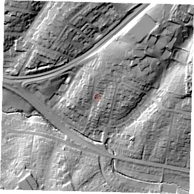 Shaded relief map of the ground around NW116BJ, computed from Environment Agency LiDAR. The ground here sits at about 65 m above sea level and falls 38 m across the surrounding 800 m. Surface water reaching this point runs off ground lying to the north-east, 13.5 m higher.