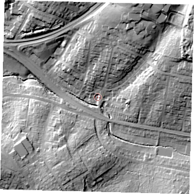 Shaded relief map of the ground around NW116DH, computed from Environment Agency LiDAR. The ground here sits at about 57 m above sea level and falls 34 m across the surrounding 800 m. Surface water reaching this point runs off ground lying to the north-north-east, 21.6 m higher.
