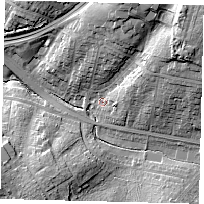 Shaded relief map of the ground around NW116DJ, computed from Environment Agency LiDAR. The ground here sits at about 59 m above sea level and falls 35 m across the surrounding 800 m. Surface water reaching this point runs off ground lying to the east-north-east, 13.9 m higher.