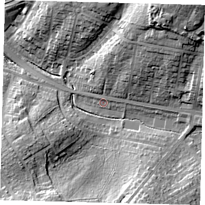Shaded relief map of the ground around NW116JD, computed from Environment Agency LiDAR. The ground here sits at about 59 m above sea level and falls 30 m across the surrounding 800 m. Surface water reaching this point runs off ground lying to the south-south-west, 20.4 m higher.