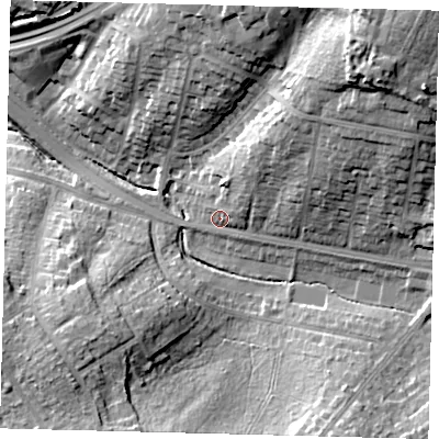 Shaded relief map of the ground around NW116LG, computed from Environment Agency LiDAR. The ground here sits at about 60 m above sea level and falls 33 m across the surrounding 800 m. Surface water reaching this point runs off ground lying to the north-east, 26.2 m higher.