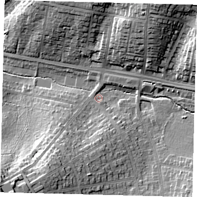 Shaded relief map of the ground around NW116NE, computed from Environment Agency LiDAR. The ground here sits at about 61 m above sea level and falls 28 m across the surrounding 800 m. Surface water reaching this point runs off ground lying to the south-west, 17.7 m higher.