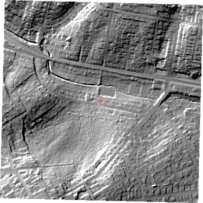 Shaded relief map of the ground around NW116RJ, computed from Environment Agency LiDAR. The ground here sits at about 60 m above sea level and falls 30 m across the surrounding 800 m. Surface water reaching this point runs off ground lying to the south-south-east, 9.9 m higher.