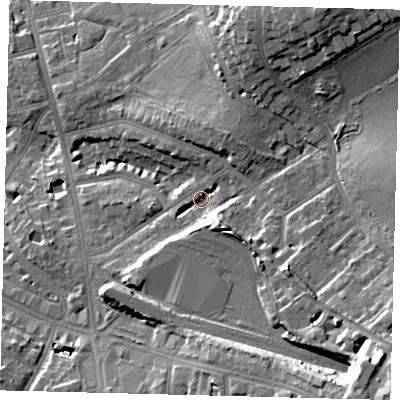 Shaded relief map of the ground around NW117DB, computed from Environment Agency LiDAR. The ground here sits at about 67 m above sea level and falls 27 m across the surrounding 800 m. Surface water reaching this point runs off ground lying to the north-north-east, 14.1 m higher.