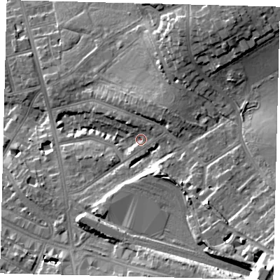 Shaded relief map of the ground around NW117DD, computed from Environment Agency LiDAR. The ground here sits at about 67 m above sea level and falls 26 m across the surrounding 800 m. Surface water reaching this point runs off ground lying to the north-east, 8.1 m higher.