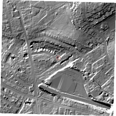 Shaded relief map of the ground around NW117DE, computed from Environment Agency LiDAR. The ground here sits at about 66 m above sea level and falls 27 m across the surrounding 800 m. Surface water reaching this point runs off ground lying to the north-east, 15.6 m higher.