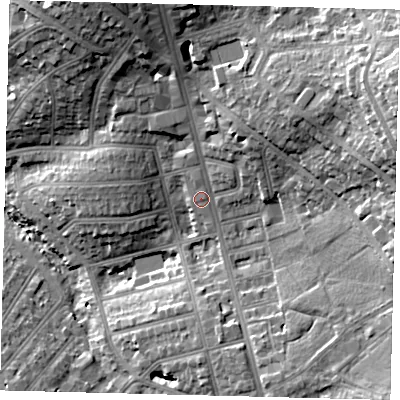 Shaded relief map of the ground around NW117ES, computed from Environment Agency LiDAR. The ground here sits at about 60 m above sea level and falls 32 m across the surrounding 800 m. Surface water reaching this point runs off ground lying to the north, 1.0 m higher.