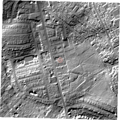 Shaded relief map of the ground around NW117EU, computed from Environment Agency LiDAR. The ground here sits at about 60 m above sea level and falls 34 m across the surrounding 800 m. Surface water reaching this point runs off ground lying to the east-south-east, 16.8 m higher.