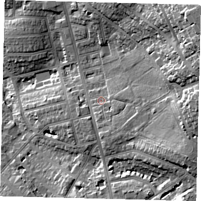 Shaded relief map of the ground around NW117EX, computed from Environment Agency LiDAR. The ground here sits at about 62 m above sea level and falls 33 m across the surrounding 800 m. Surface water reaching this point runs off ground lying to the south-south-east, 3.6 m higher.