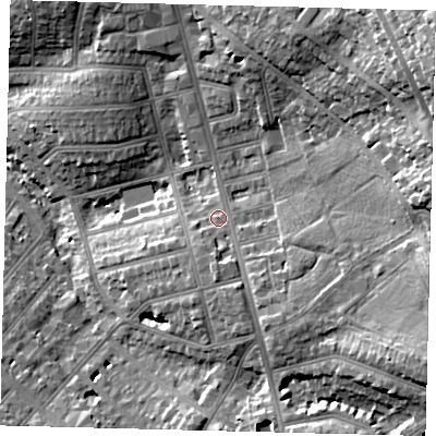 Shaded relief map of the ground around NW117HB, computed from Environment Agency LiDAR. The ground here sits at about 61 m above sea level and falls 33 m across the surrounding 800 m. Surface water reaching this point runs off ground lying to the east-south-east, 12.4 m higher.