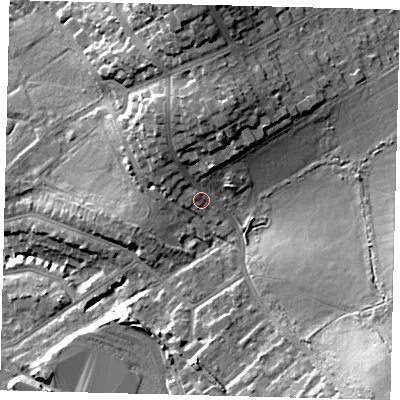 Shaded relief map of the ground around NW117LG, computed from Environment Agency LiDAR. The ground here sits at about 73 m above sea level and falls 27 m across the surrounding 800 m. Surface water reaching this point runs off ground lying to the north-north-east, 8.8 m higher.