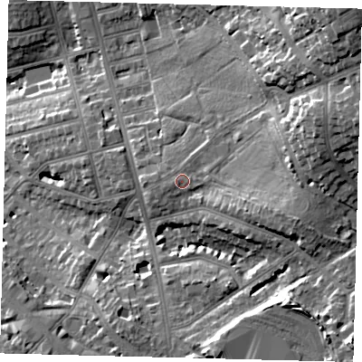 Shaded relief map of the ground around NW117NH, computed from Environment Agency LiDAR. The ground here sits at about 67 m above sea level and falls 31 m across the surrounding 800 m. Surface water reaching this point runs off ground lying to the west-south-west, 0.9 m higher.