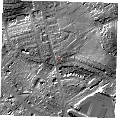 Shaded relief map of the ground around NW117NN, computed from Environment Agency LiDAR. The ground here sits at about 66 m above sea level and falls 31 m across the surrounding 800 m. Surface water reaching this point runs off ground lying to the north-east, 1.9 m higher.