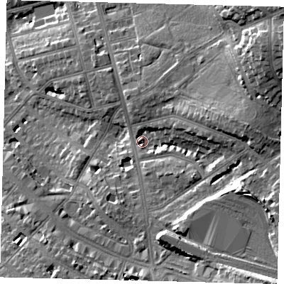 Shaded relief map of the ground around NW117NP, computed from Environment Agency LiDAR. The ground here sits at about 63 m above sea level and falls 26 m across the surrounding 800 m. Surface water reaching this point runs off ground lying to the south-east, 16.0 m higher.