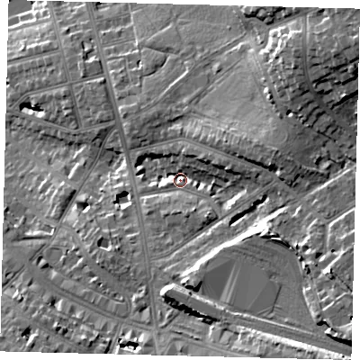 Shaded relief map of the ground around NW117NR, computed from Environment Agency LiDAR. The ground here sits at about 64 m above sea level and falls 26 m across the surrounding 800 m. Surface water reaching this point runs off ground lying to the south-east, 13.0 m higher.